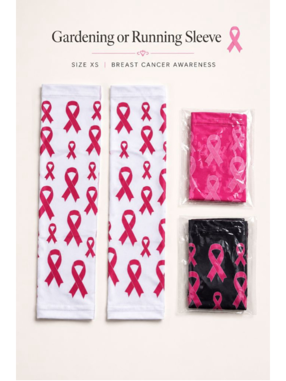 Breast Cancer Awareness Arm Sleeves (3 pair) XS Pink Ribbon Running Gardening